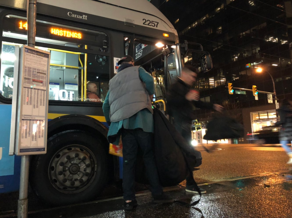 A TransLink trolley bus, operated by Coast Mountain Bus Company, in downtown Vancouver on a rainy November morning. (CityNews)