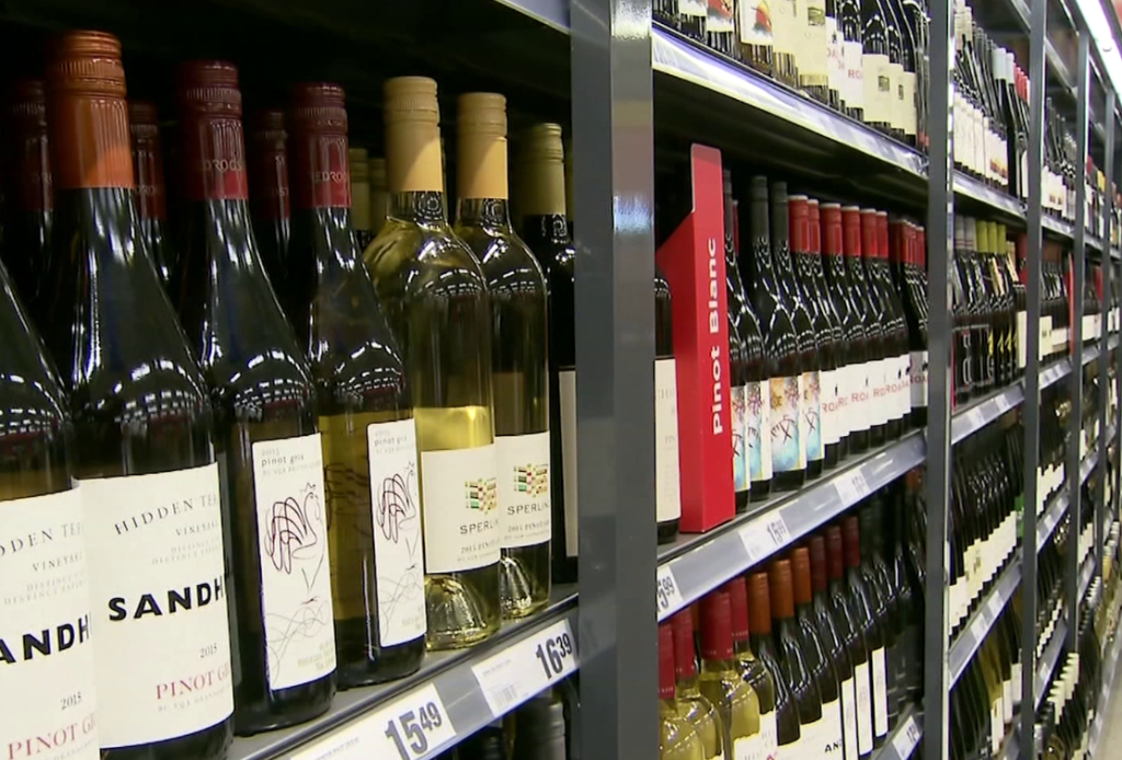 Wines are displayed in a liquor store in Metro Vancouver