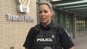 Constable amanda steed talks in front of the metro vancouver transit police station. There have been concerns raised after multiple stabbings occurred on transit this month