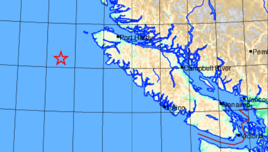 An earthquake hit off the west coast of Vancouver Island the morning of April 13, 2023. This map shows where the epicentre of the quake was.