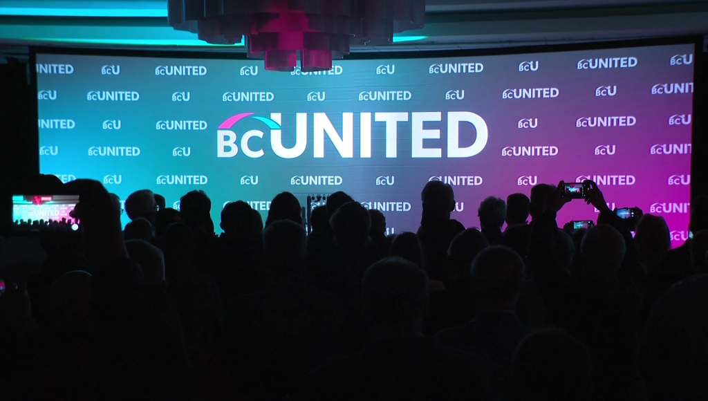 Kevin Falcon, Leader of BC United unveils the new party branding at an even in Surrey, B.C. on Wednesday April 12, 2023.