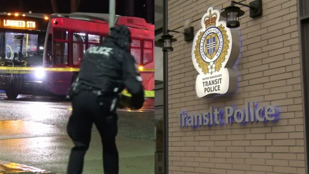 A side by side image showing a police officer at the scene of a stabbing in Surrey aboard a bus on the left, and the Metro Vancouver Transit Police logo on the right