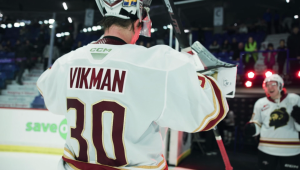 Jesper Vikman the back of goalie jesper vikmans jersey, he has now been signed to a pro contract