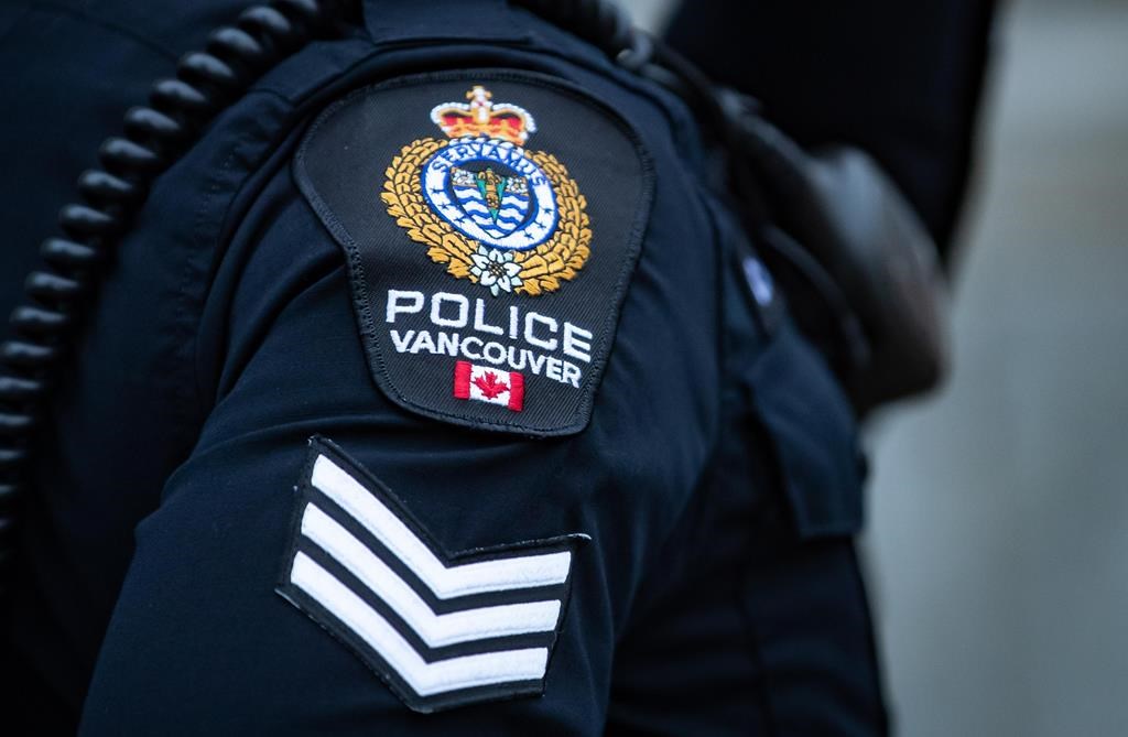 A Vancouver Police Department patch is seen on an officer's uniform in the Downtown Eastside of Vancouver, on Saturday, January 9, 2021. THE CANADIAN PRESS/Darryl Dyck