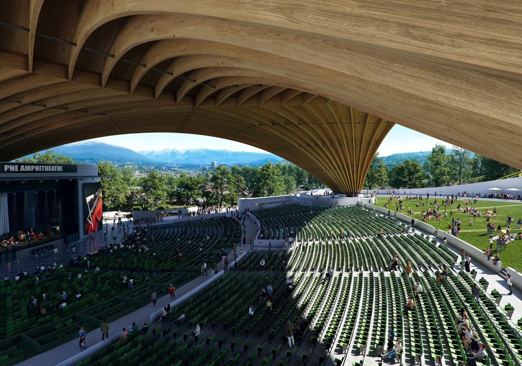 a side image view of the pnes news amphitheatre concept. It shows rows and rows of chairs with a dome overhead