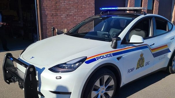 The RCMP's new Tesla police vehicle is shown parked.