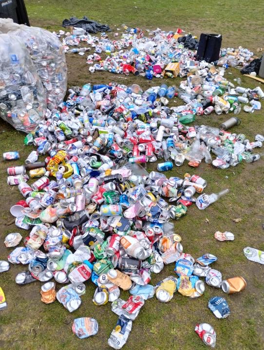 Various empty beverage containers collected at Sunset Beach in Vancouver