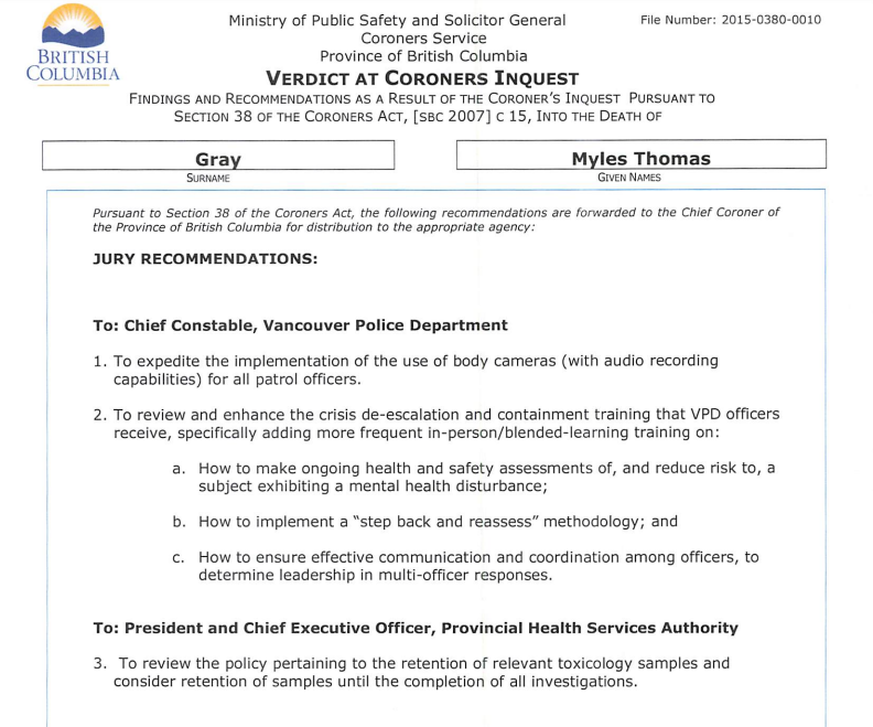 The coroner's inquest jury made three recommendations towards the Vancouver Police Department regarding Myles Gray's death. (BC Coroners Service)