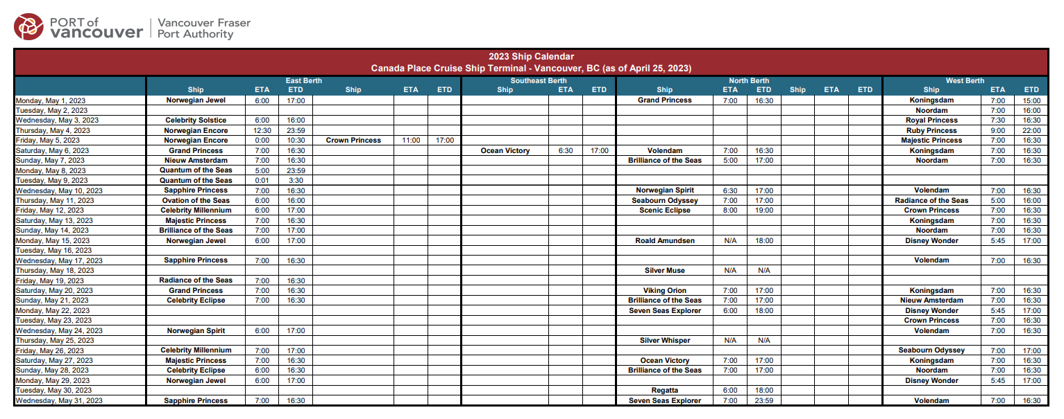 May's cruise ship schedule for Vancouver (Vancouver Fraser Port Authority)