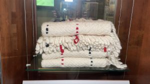 wool blankest on display at the monova museum in vancouver