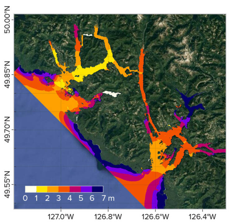 Maximum wave height for a Cascadia-generated tsunami in Esperanza Inlet and Nootka Sound as determined by the Northwest Vancouver Island Tsunami Risk Assessment Study. Colours show wave height from 0 metres (white) to above 7 metres (blue). (Courtesy Ocean Networks Canada)
