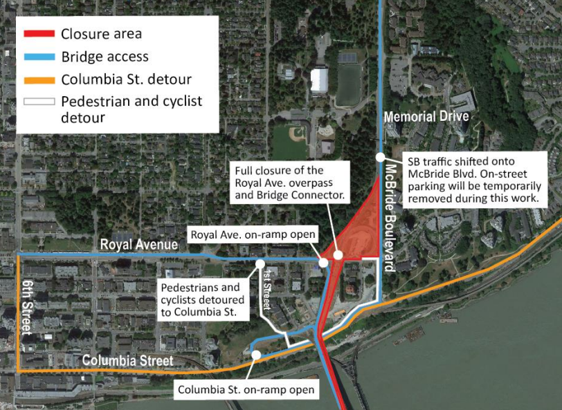 A map shows and details the closure of the Pattullo Bridge over May long weekend.