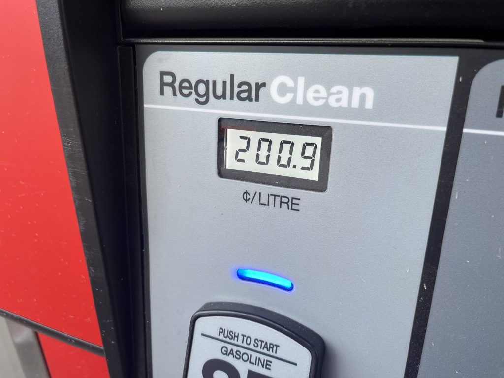 A gas pump displays a price of 200.9¢ per litre