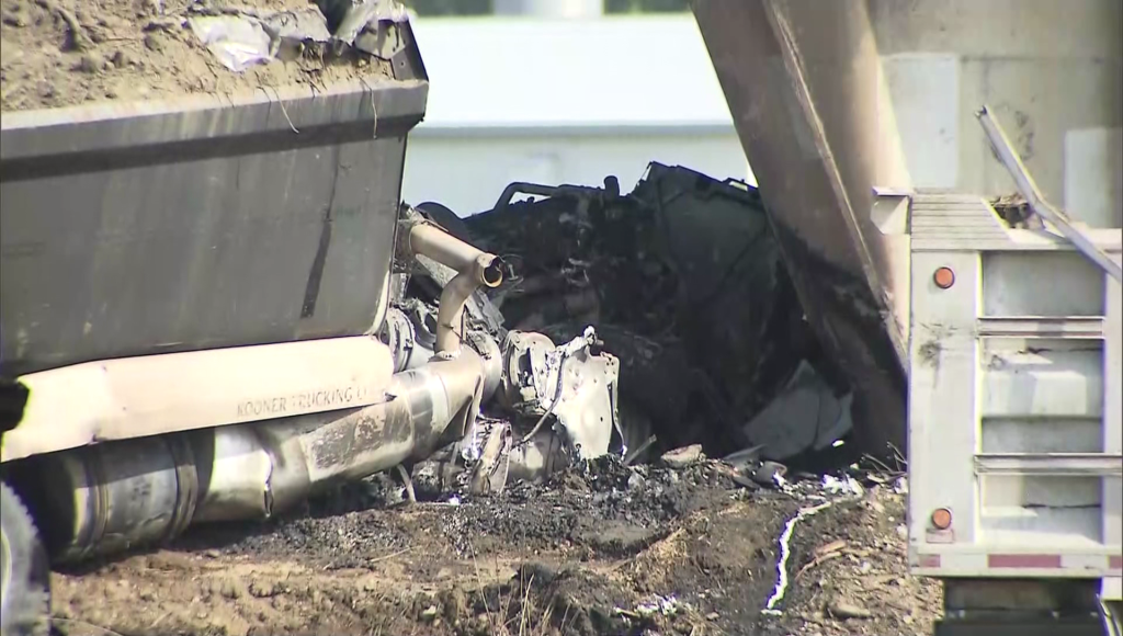 Closeup of a dump truck that smashed into an Abbotsford highway overpass