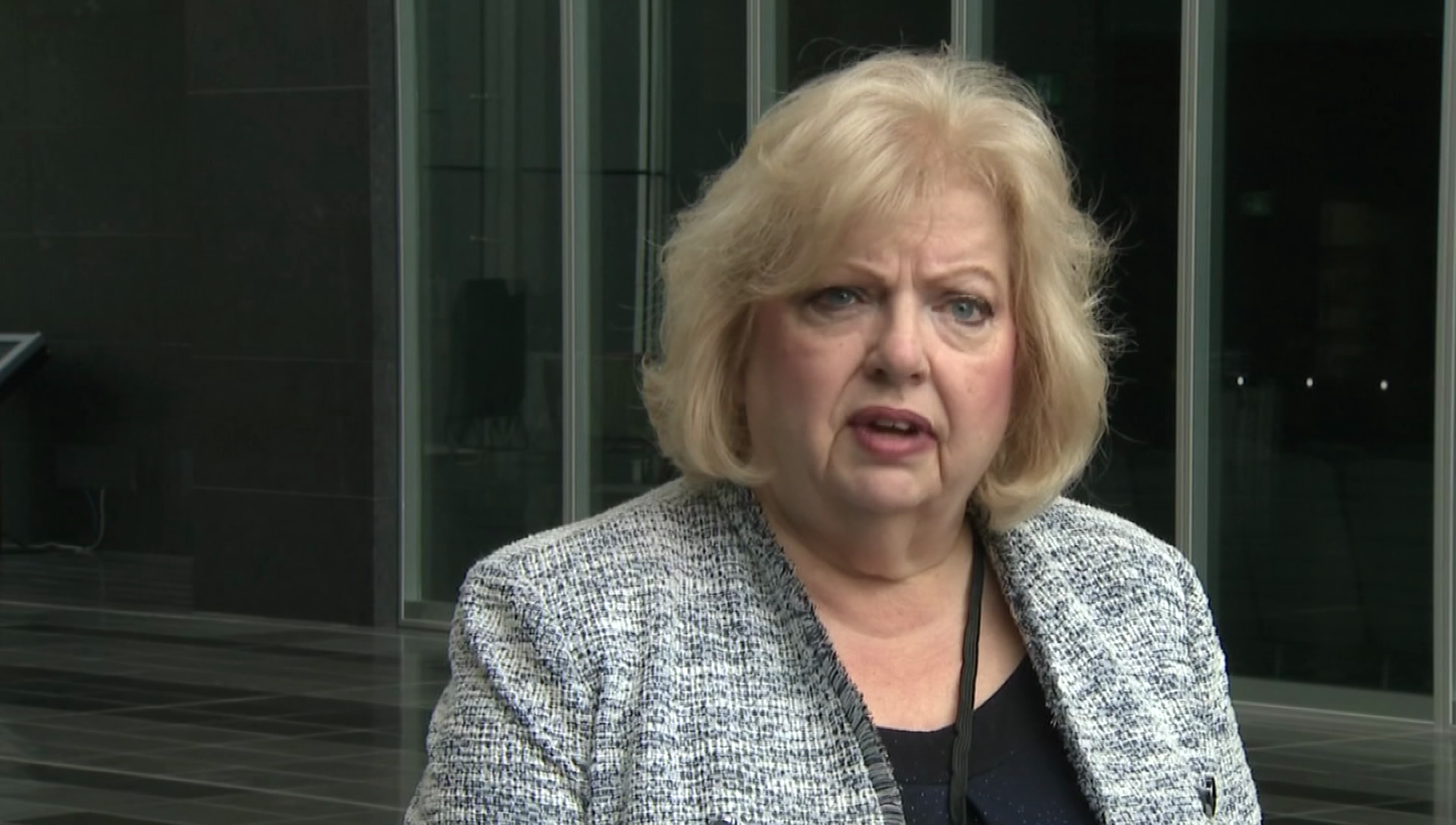 Brenda Locke speaks outside Surrey City Hall council chambers