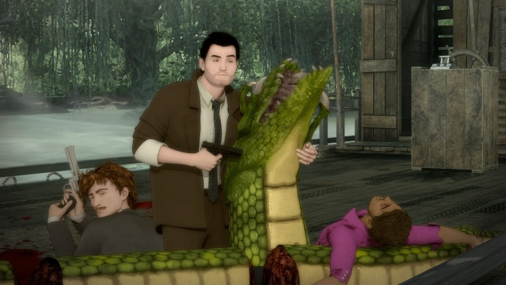 A cartoon depiction of two detectives alongside a scaled creature is shown.