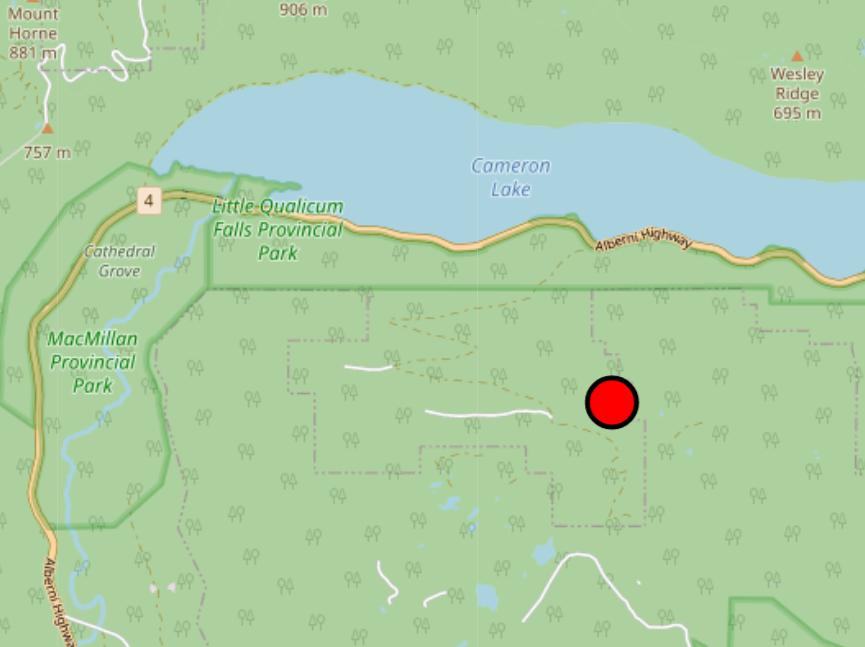 A map shows where a wildfire sits in regards to a lake and provincial park.