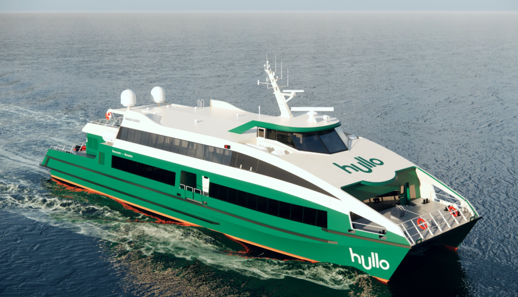 The Hullo "fast-ferry" is seen cruising through a body of water.