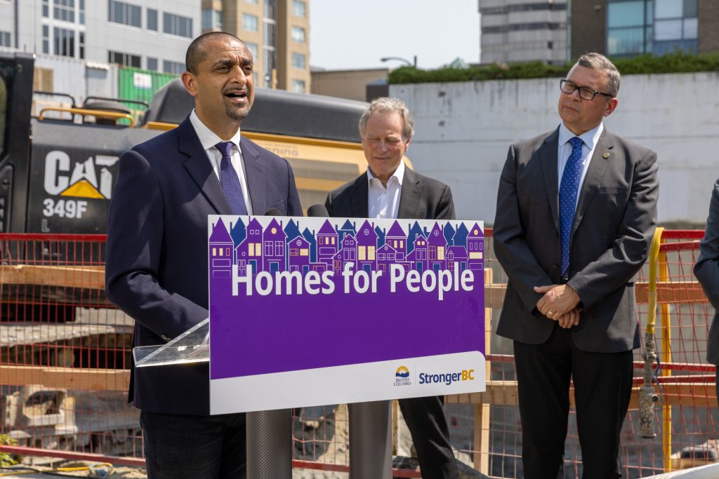 B.C. Housing Minister Ravi Khalon makes an announcement in Vancouver at a construction site