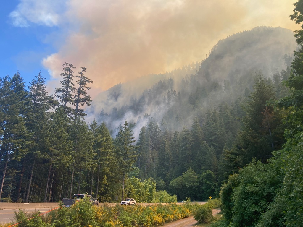 The Cameron Bluffs fire is seen burning from overhead. Smoke is seen blowing above the fire.