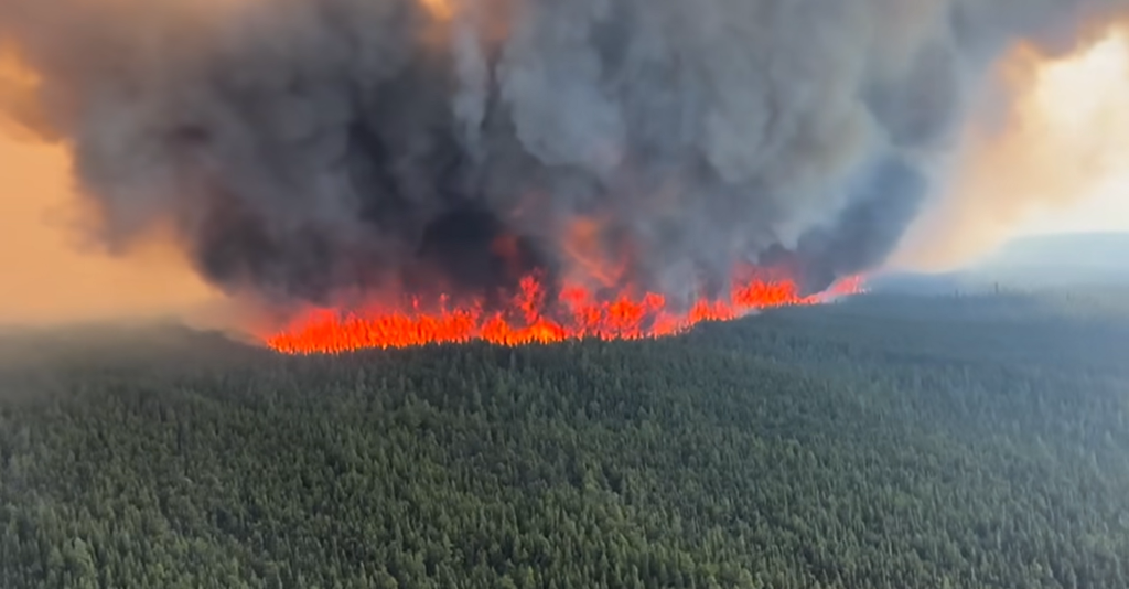 An aerial shot of the West Kiskatinaw River wildfire which is burning near Tumbler Ridge