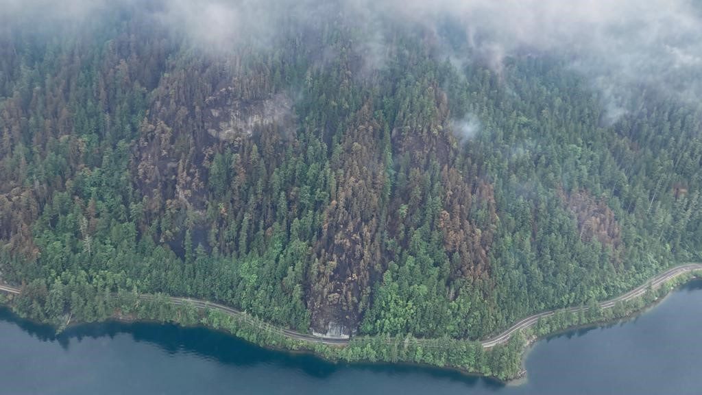 a large wildfire is burning on vancouver island shutting down the main highway