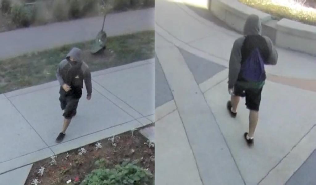 Mounties in Surrey are searching for a suspect, pictured here, in connection with an arson investigation.