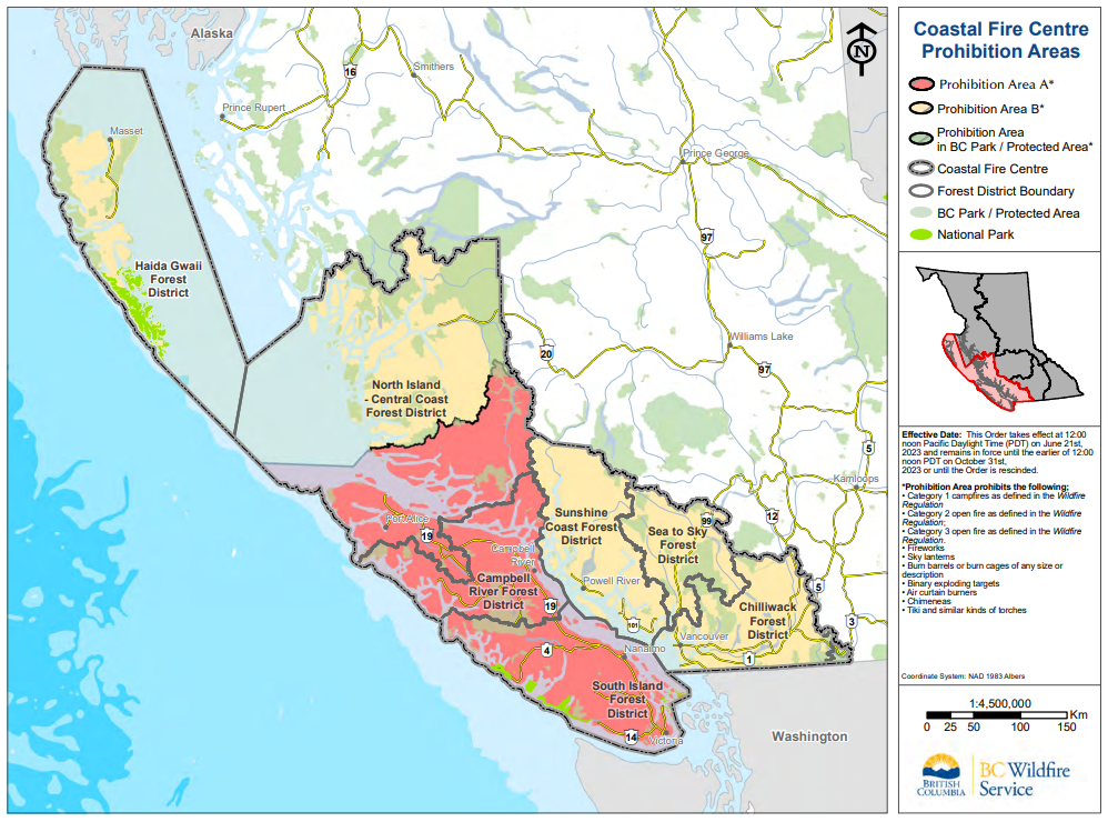 A map from the BC Wildfire Service shows which areas are seeing fire bans in the Coastal Fire Centre.