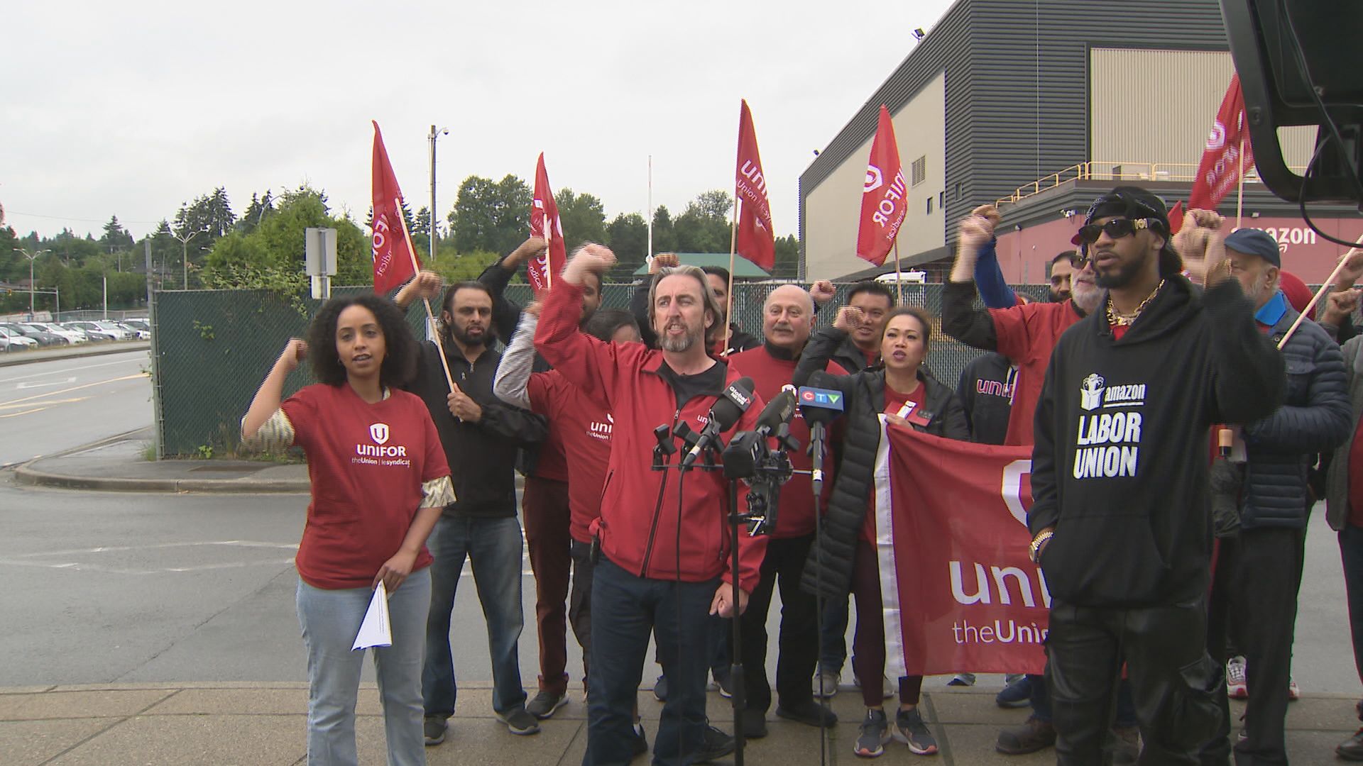 A group of people gather at a Unifor Amazon event in Metro Vancouver.