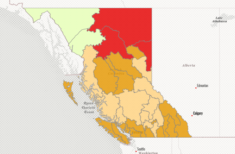 A map of drought levels in B.C. from June 23, 2023