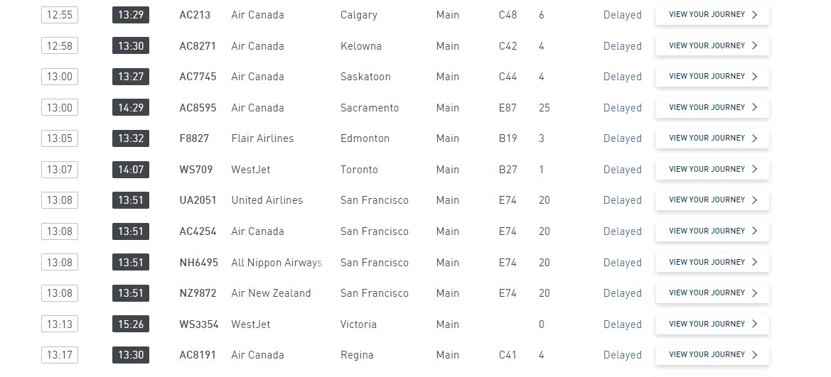 a list of flights delayed arriving at vancouvers international airport saturday