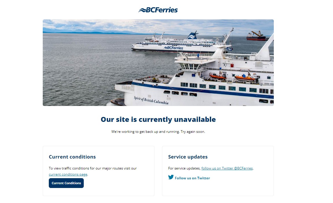 bc ferries website with the words our site is currently unavailble on it