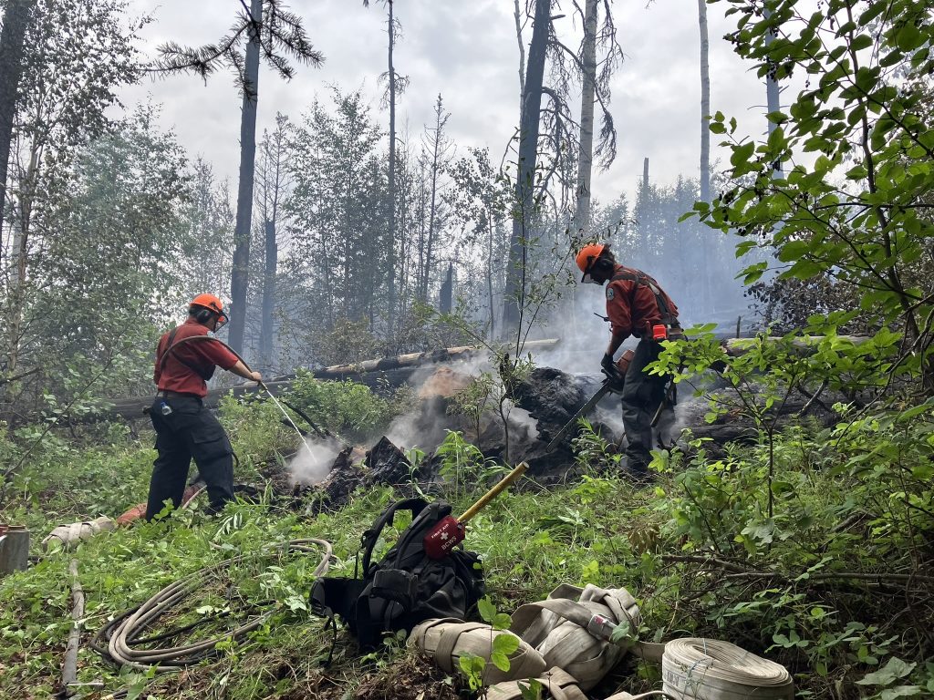 a group of firefighters working in the area of a large wildfir