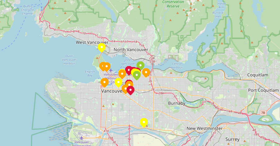 The map of the Smell Vancouver app showing the smelliest areas of the region. 