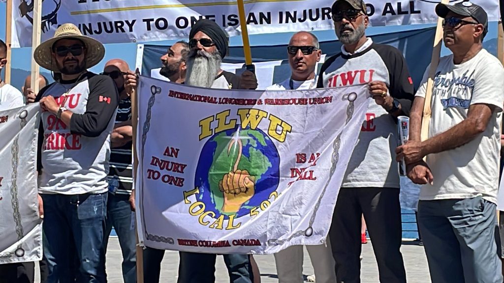 Hundreds took to downtown Vancouver Sunday to rather at Jack Poole Plaza as the strike at British Columbia’s ports stretches into its second week. (CityNews Image / Angela Bower)