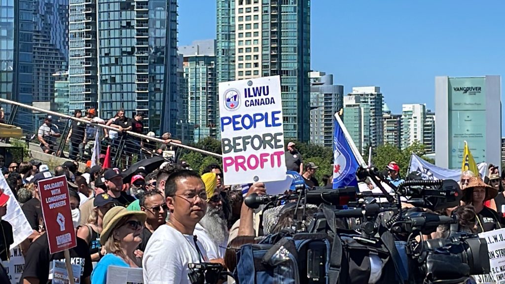 Hundreds took to downtown Vancouver Sunday to rather at Jack Poole Plaza as the strike at British Columbia’s ports stretches into its second week. (CityNews Image / Angela Bower)