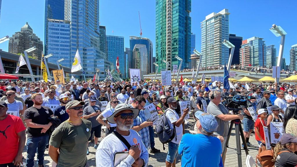 Hundreds took to downtown Vancouver Sunday to rather at Jack Poole Plaza as the strike at British Columbia’s ports stretches into its second week. (CityNews Image / Angela Bower)