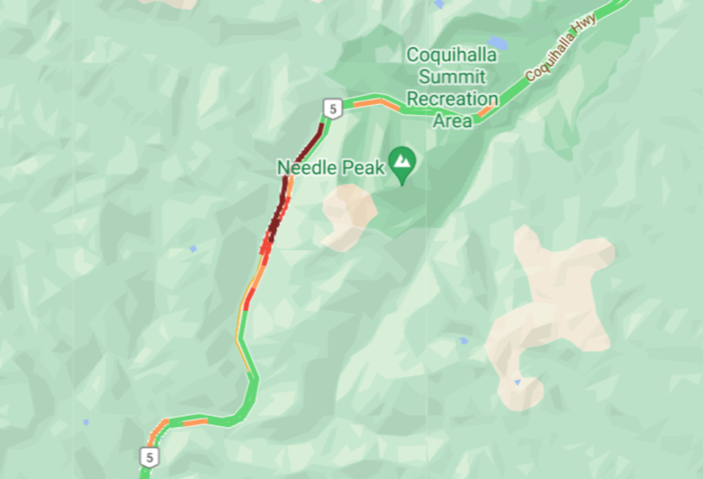 A map depicts where a closure on the Coquihalla highway is.