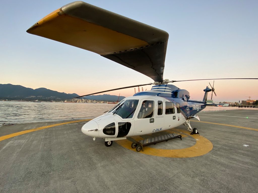 A Helijet aircraft on a landing pad in Vancouver