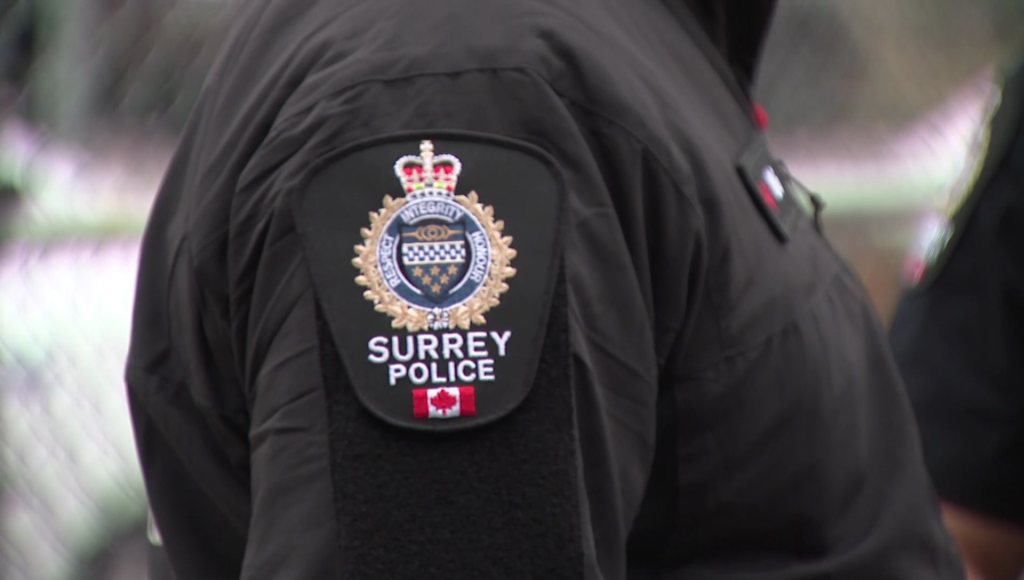 A Surrey Police Service badge on the shoulder of an officer