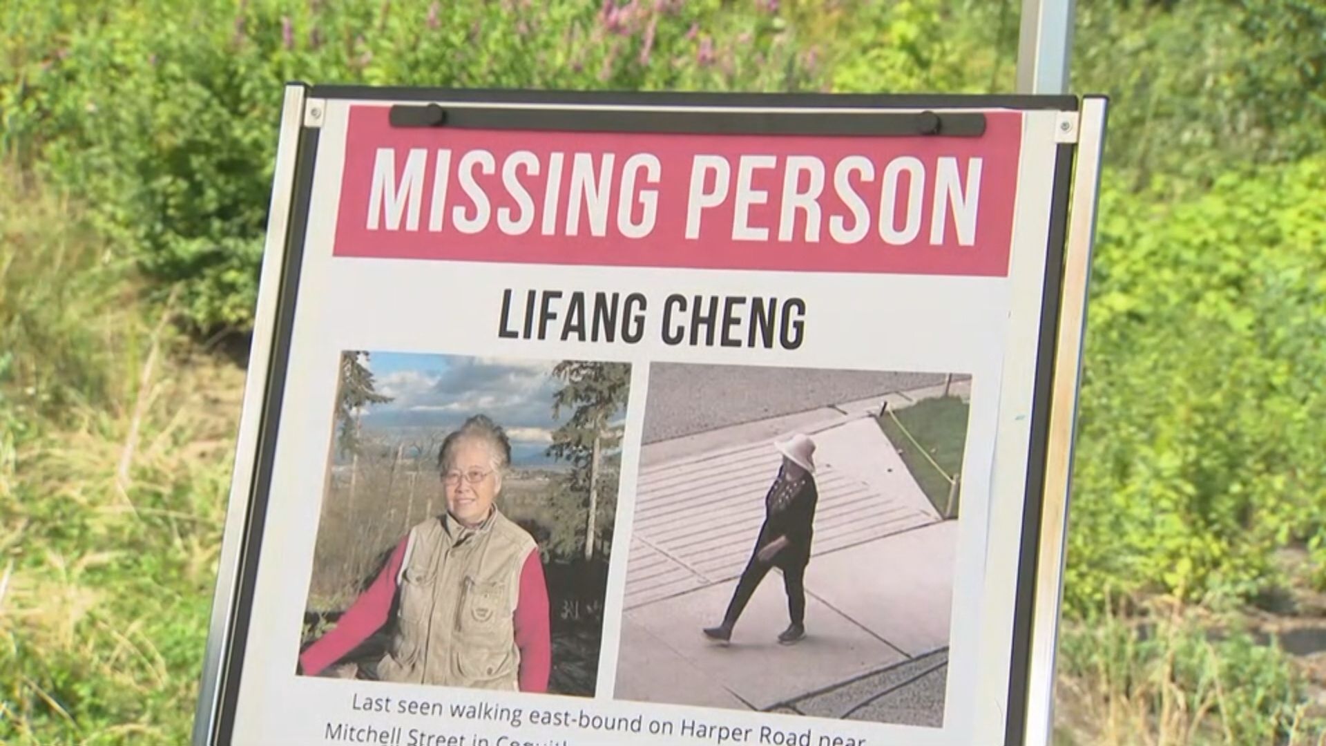 A missing person placard is seen in Coquitlam