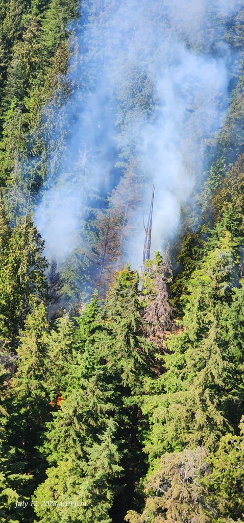 Smoke from the wildfire on Mount Seymour in the District of North Vancouver rises from among the heavy forested area on Wednesday, July 12, 2023.