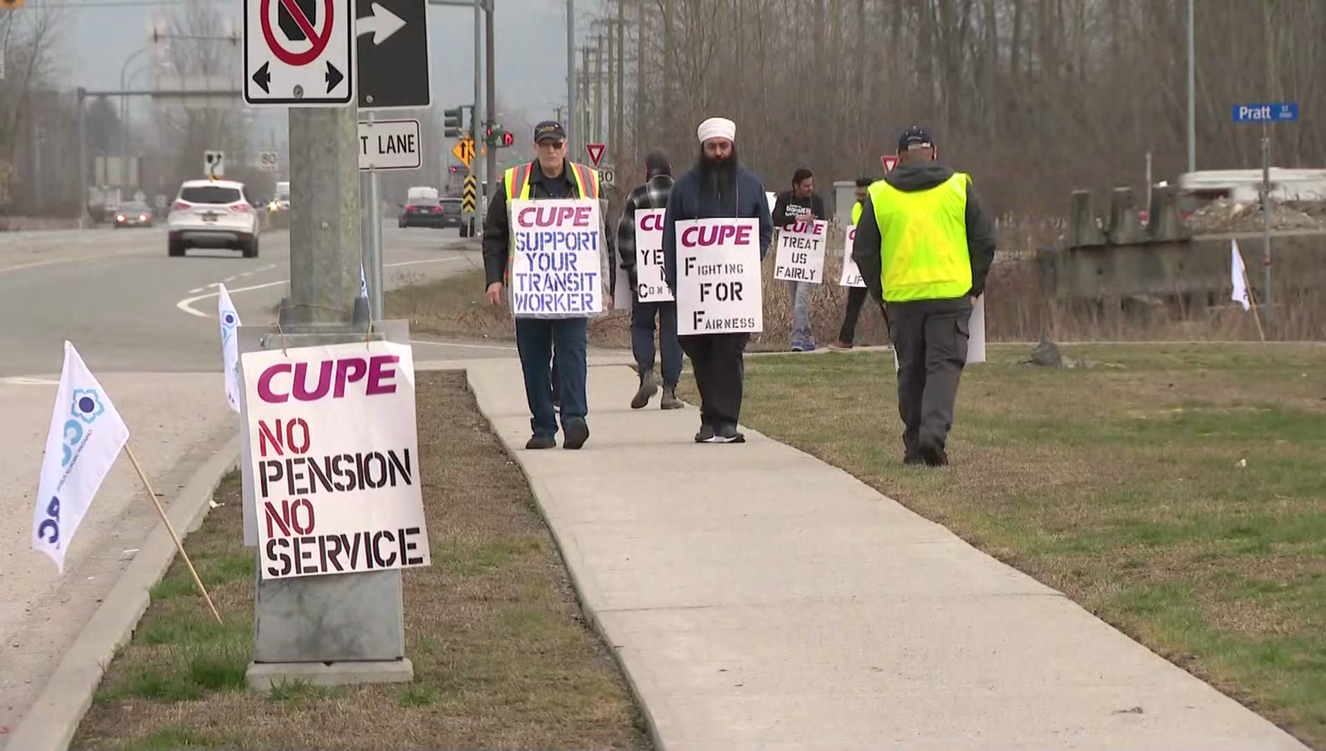 Members of CUPE 561 on the picket line in May 2023 after a Fraser Valley transit strike began in March.