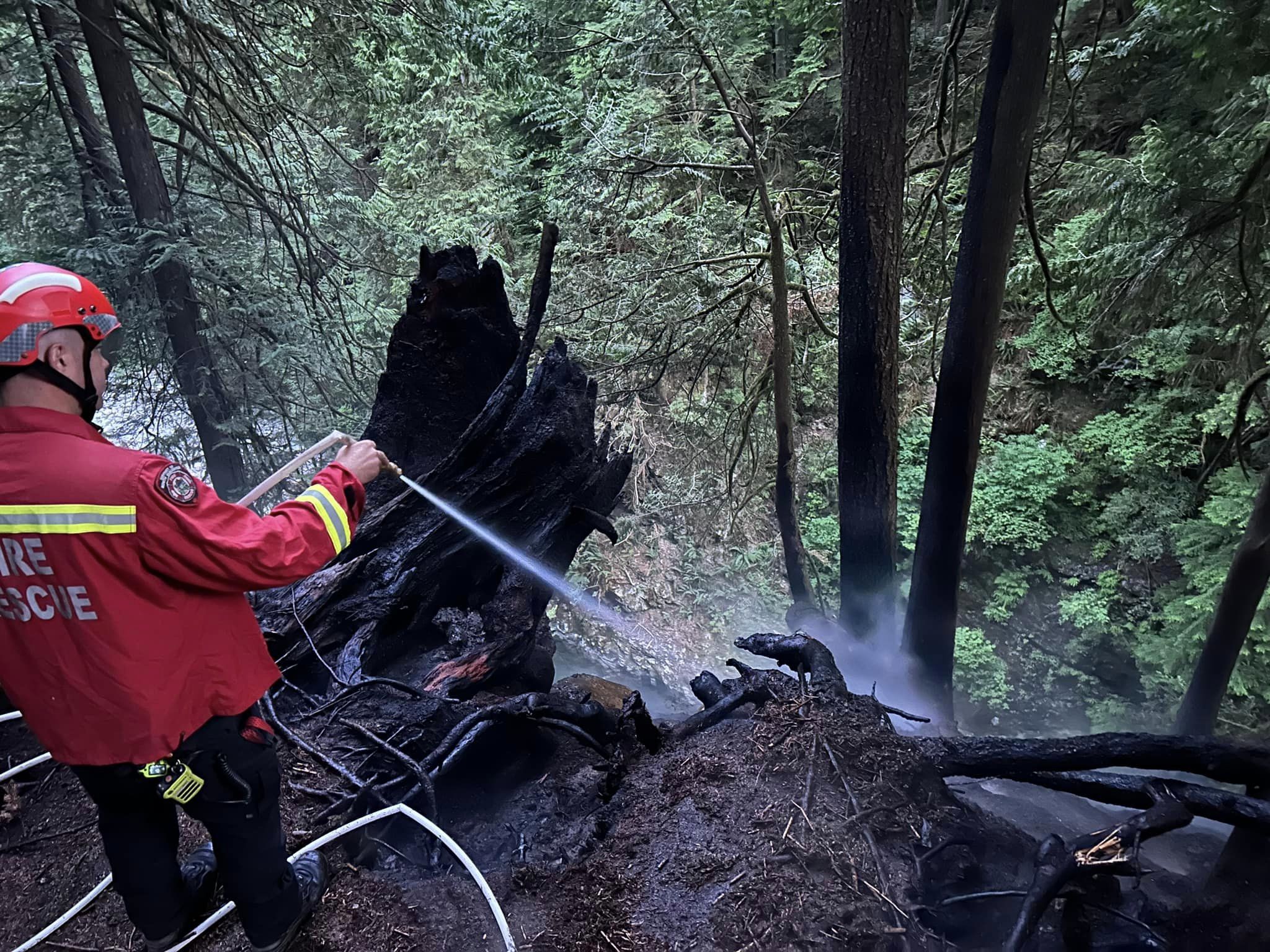 A District of North Vancouver firefighter sprays water down a slope to put out flames in the Lynn Canyon area, which is heavily forested