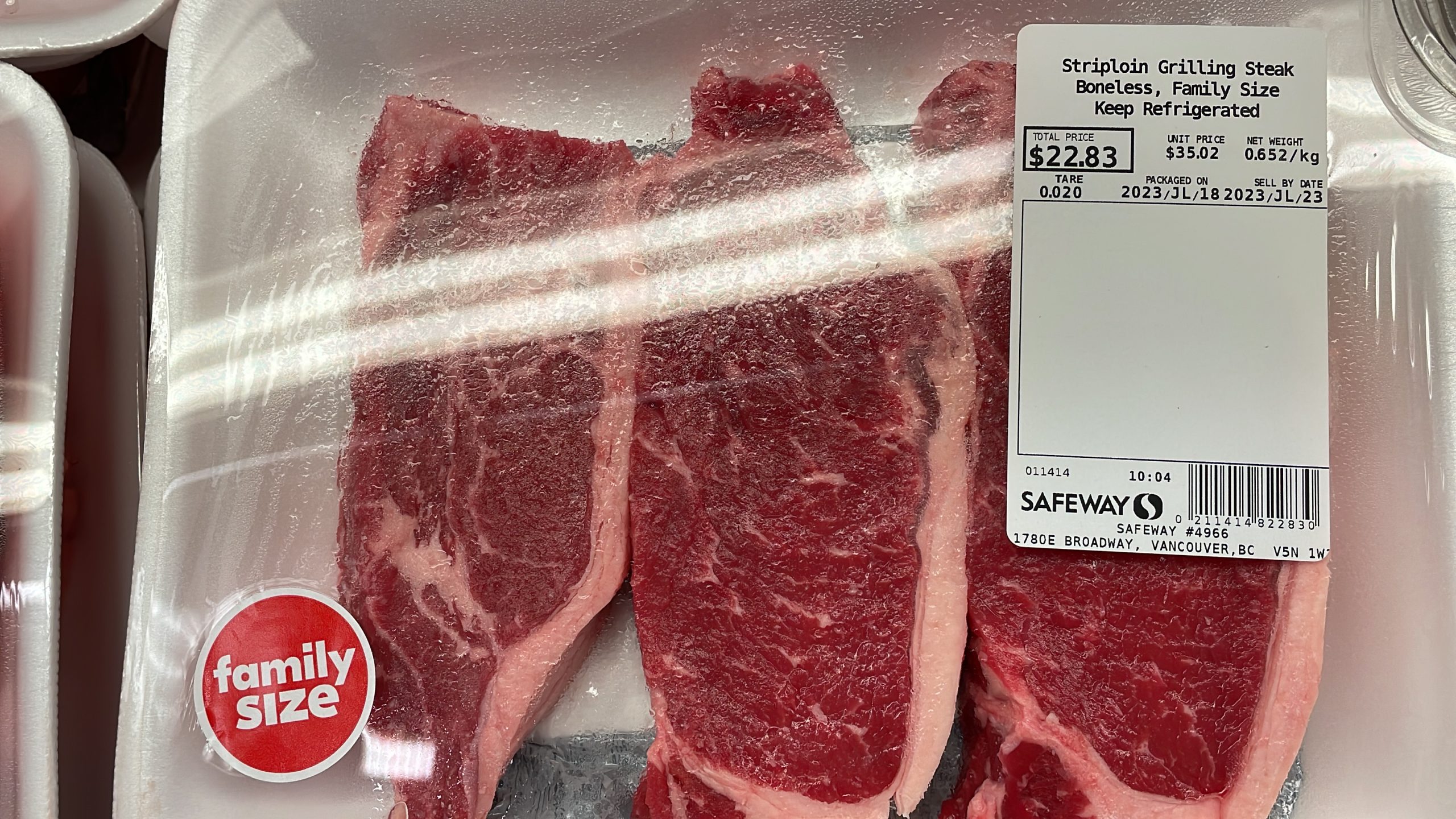 A pack of striploin steak being sold for $22.83 at a Metro Vancouver grocery store on July 18, 2023