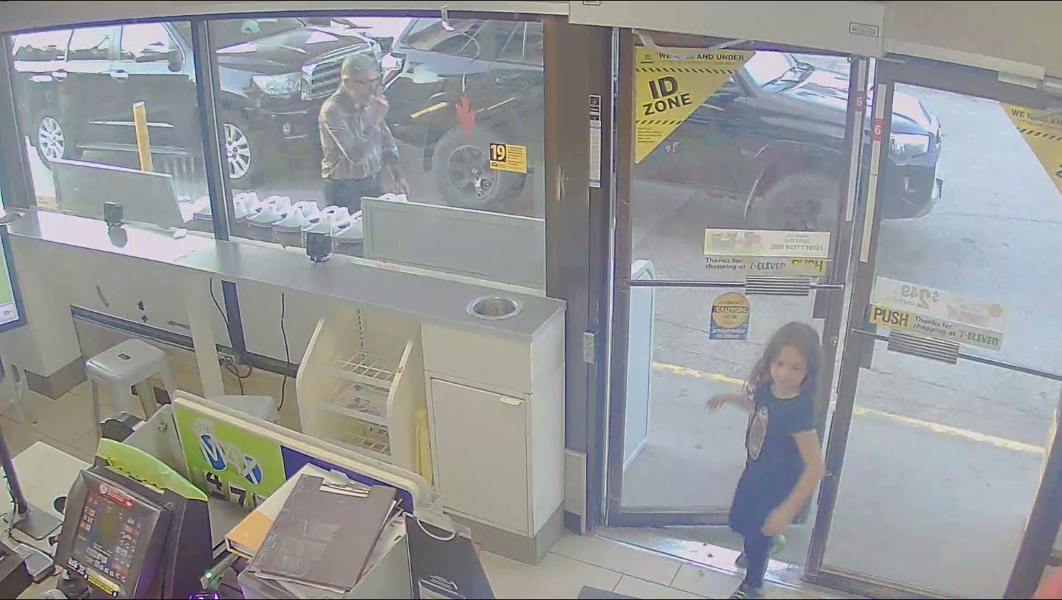 A young girl walks through the door of a gas station.  Mounties says two children who were sent an amber alert were last seen at a gas station in Merritt