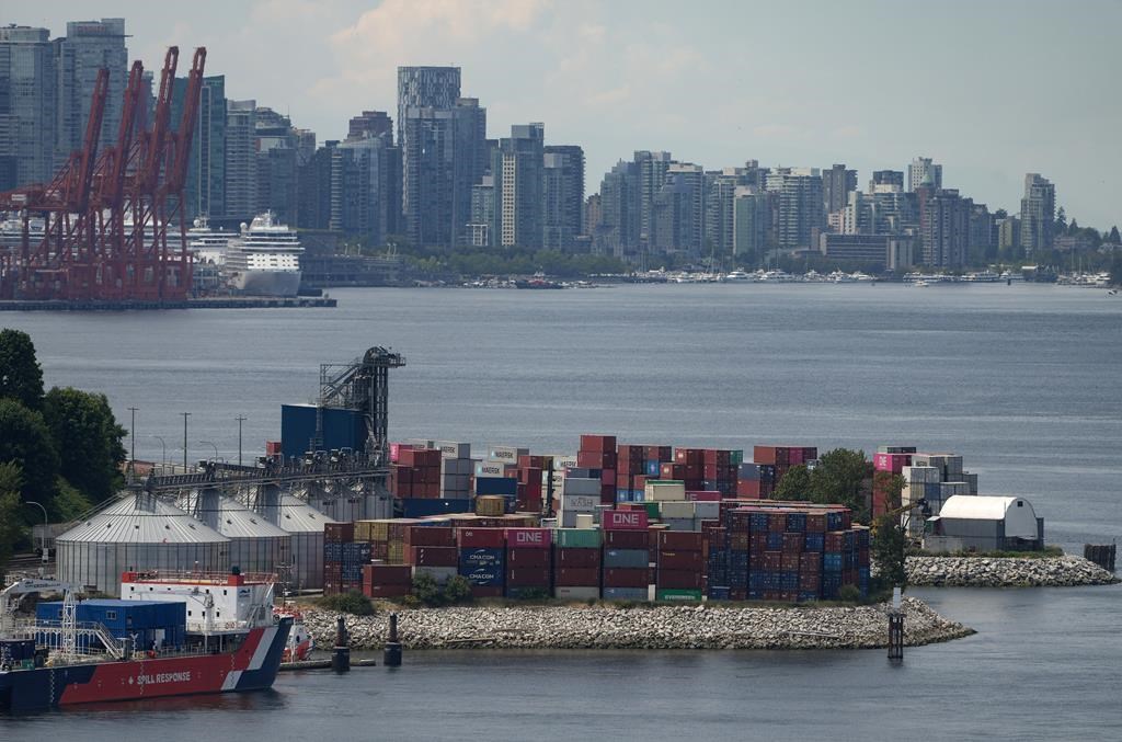 Stacks of cargo containers are seen at port during a strike by International Longshore and Warehouse Union Canada workers in the province, in Vancouver, on Wednesday, July 12, 2023