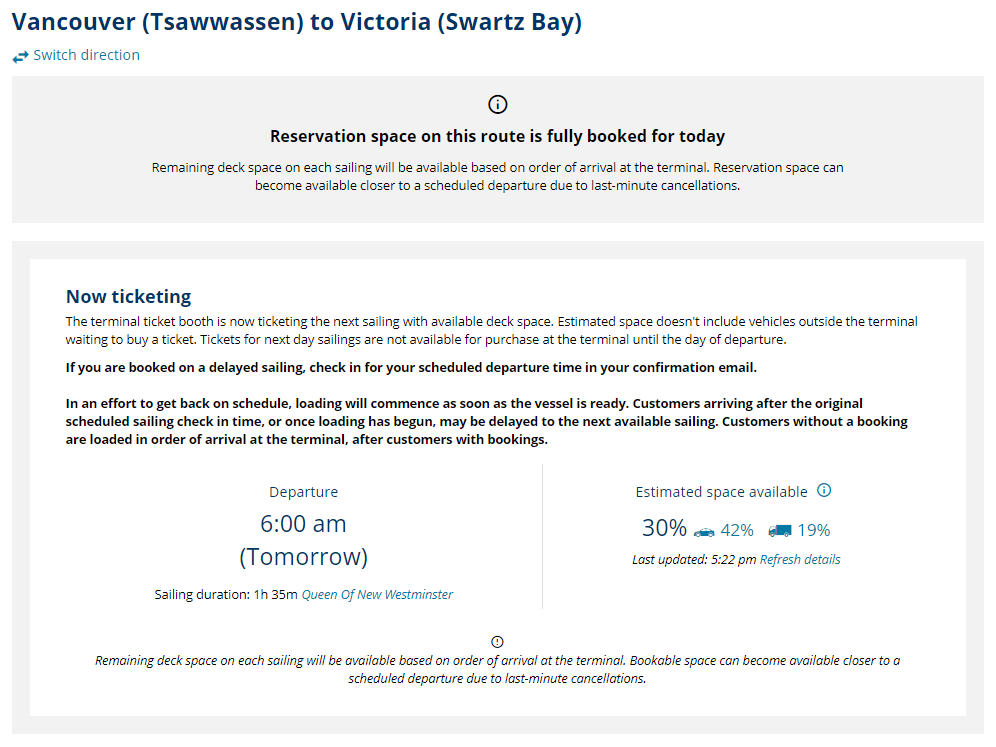 a screenshot of bc ferries current conditions shows all reservation space on the Tsawwassen to Swartz Bay route is full.