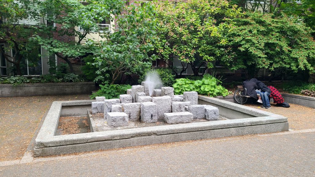 A fountain fixture at a plaza at Haro and Bute Streets in Vancouver's West End.