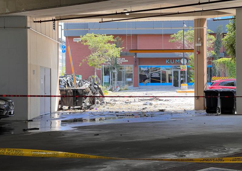 The aftermath of a vehicle explosion in the area of Willoughby Town Centre in the Township of Langley on July 26, 2023.